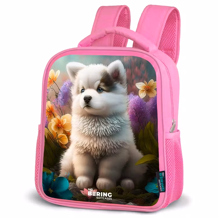 Kids backpack - Pink - White puppy in a flower meadow — 4