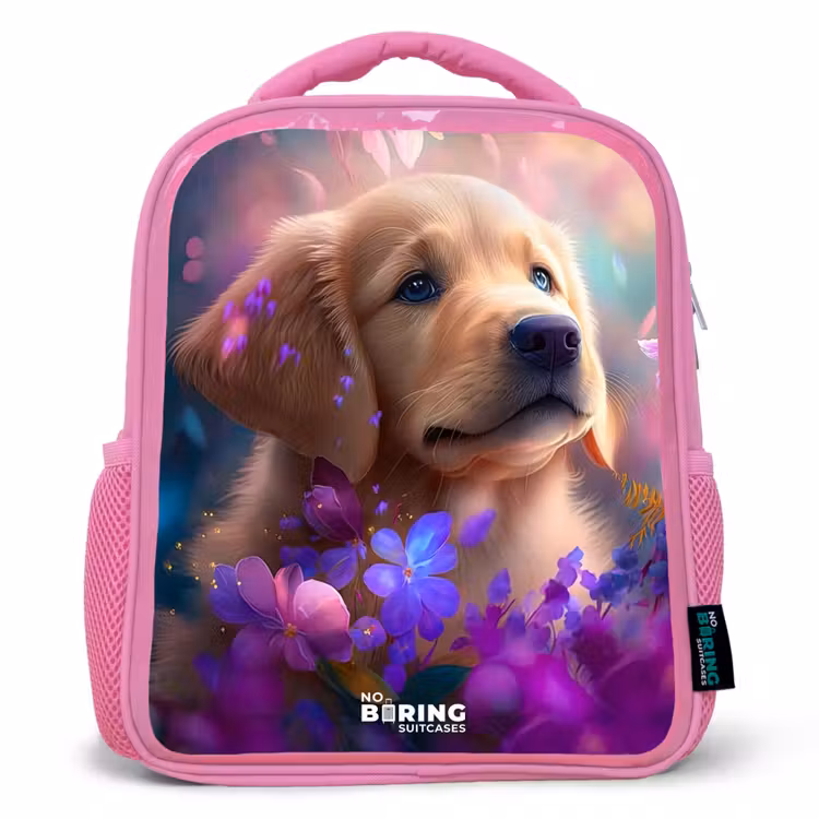 Kids backpack - Pink - Young dog among brightly colored flowers — 1