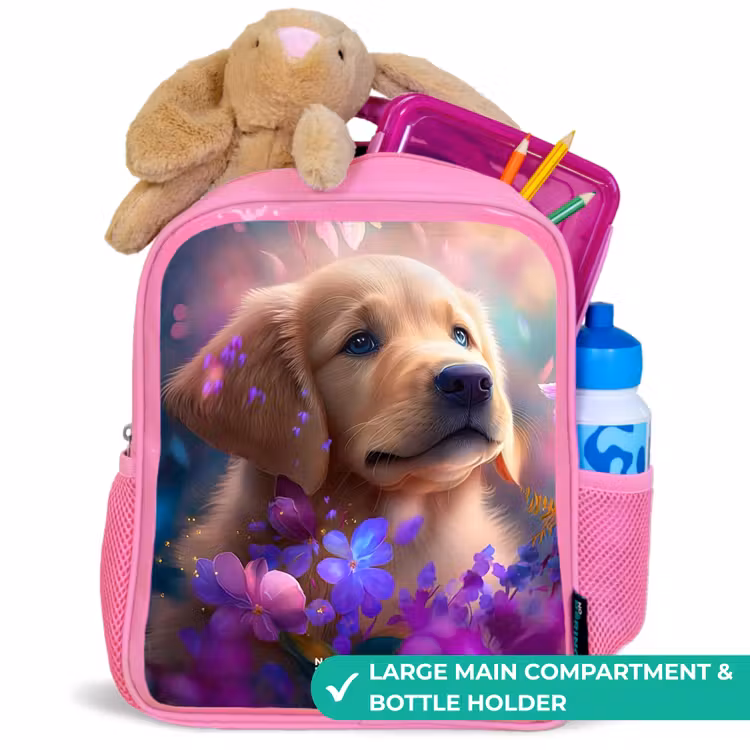 Kids backpack - Pink - Young dog among brightly colored flowers — 2