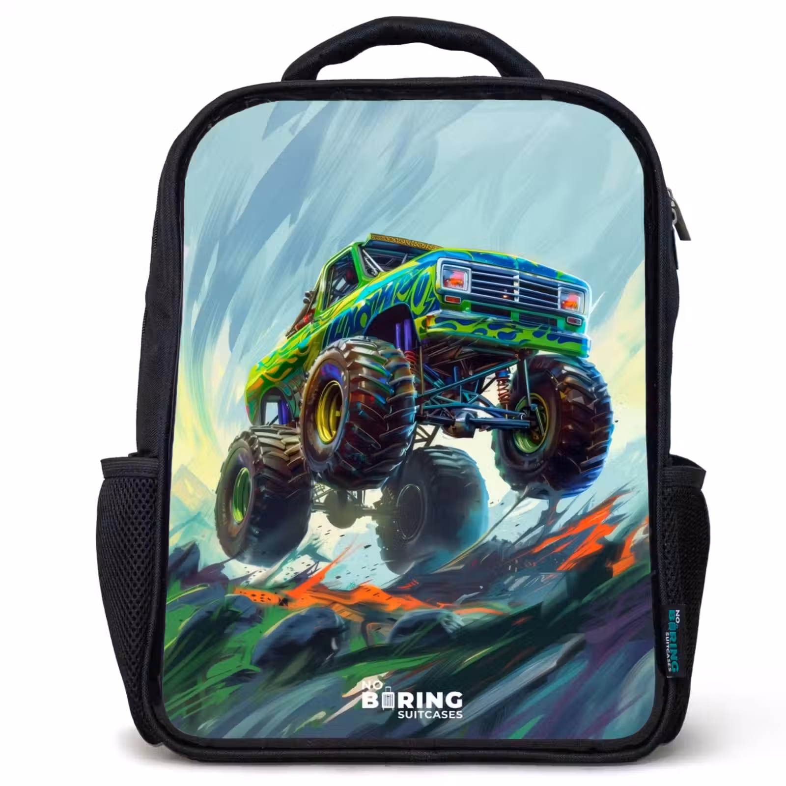 Kids backpack - Black - Green Monster Truck with Brushstrokes — 1