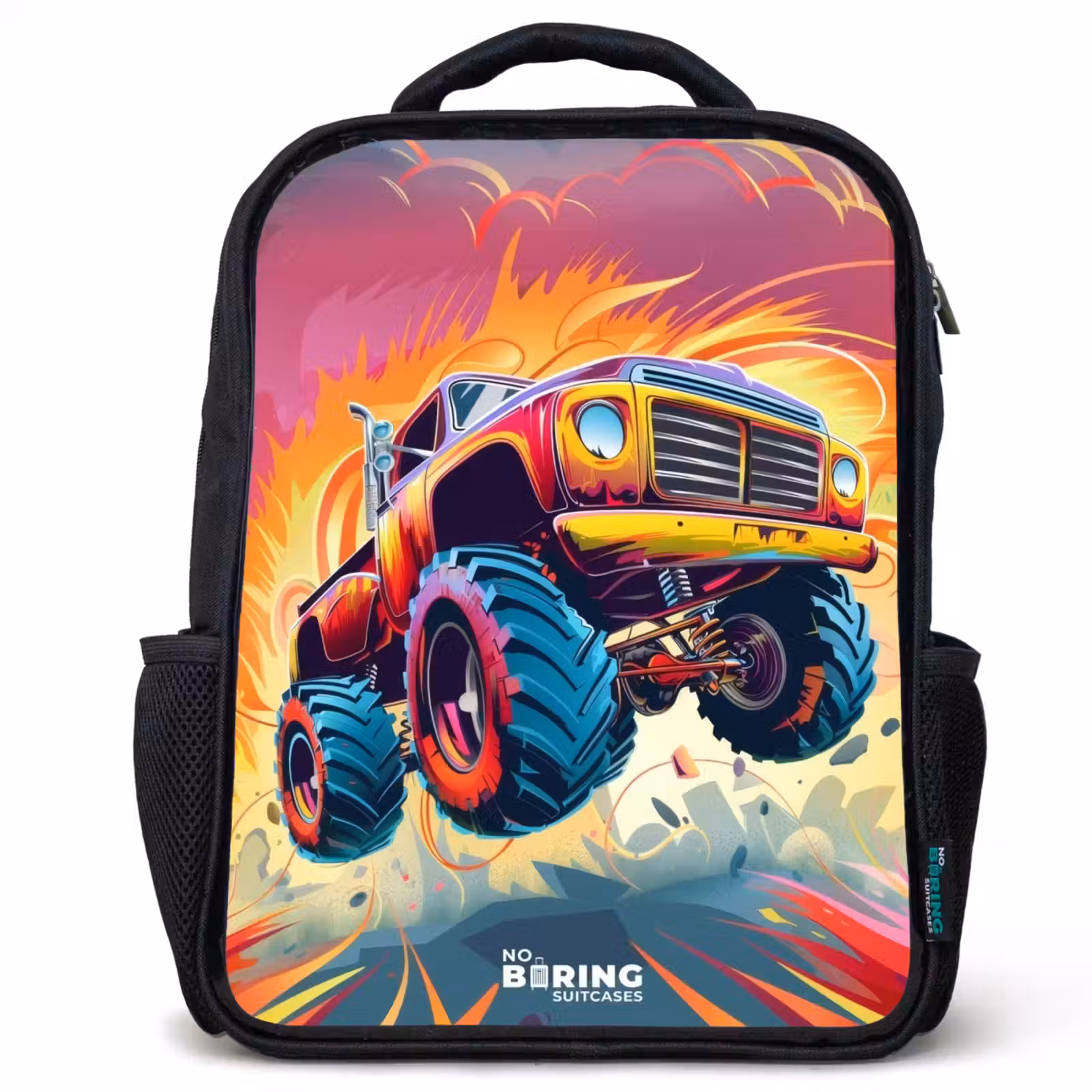 Kids backpack - Black - Pink Monster Truck Flies Over the Tarmac — 1