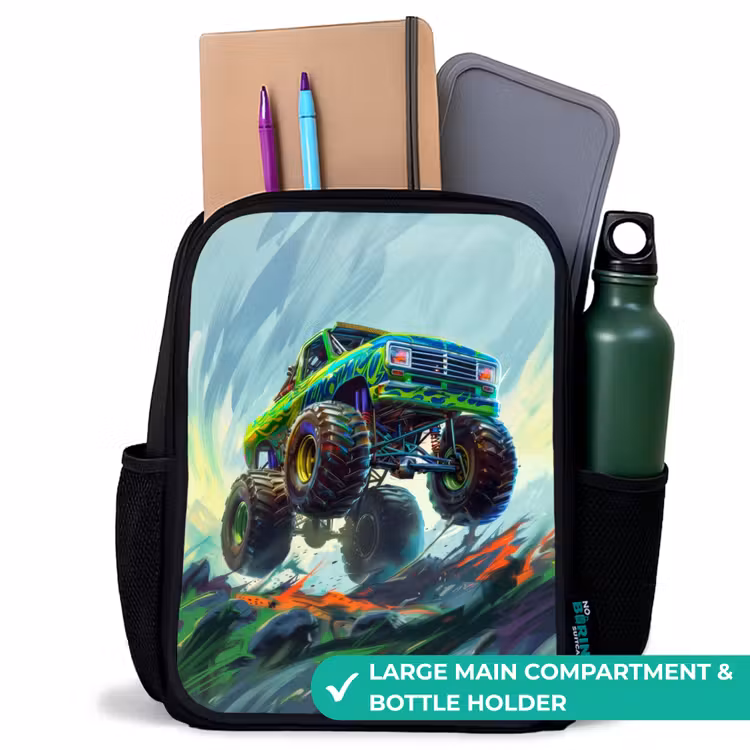 Kids backpack - Black - Green Monster Truck with Brushstrokes — 10