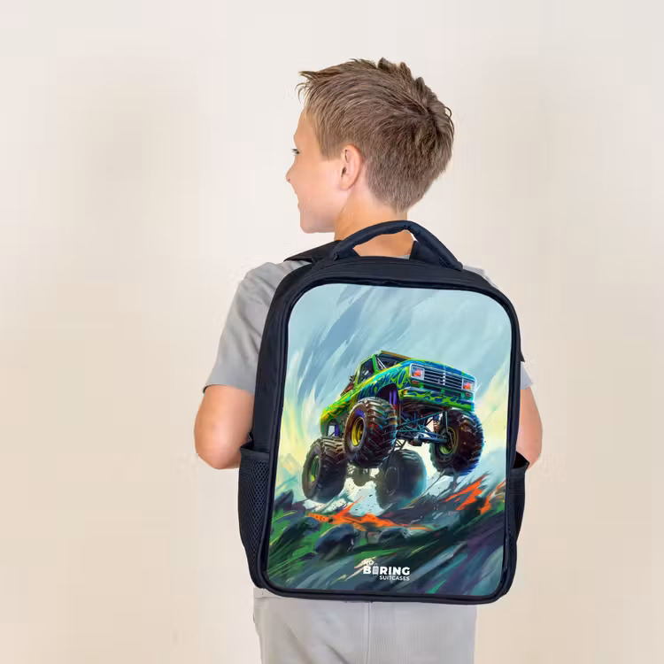 Kids backpack - Black - Green Monster Truck with Brushstrokes — 2
