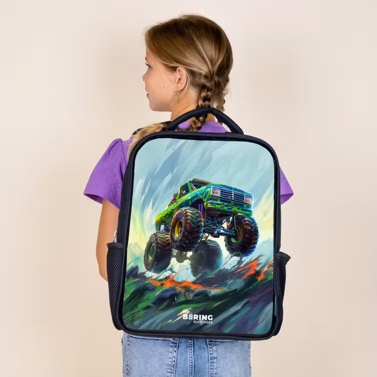 Kids backpack - Black - Green Monster Truck with Brushstrokes — 4