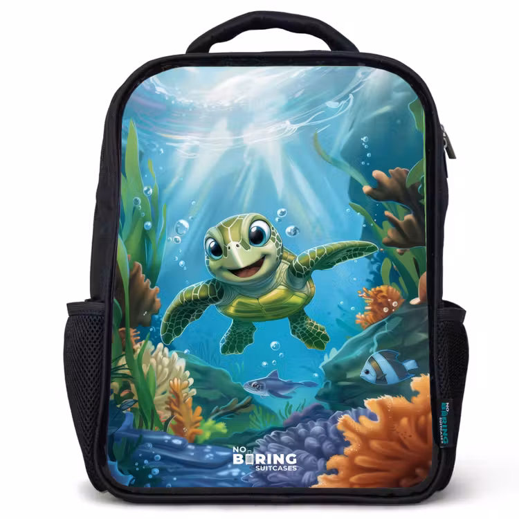 Kids backpack - Black - Green turtle swimming — 1