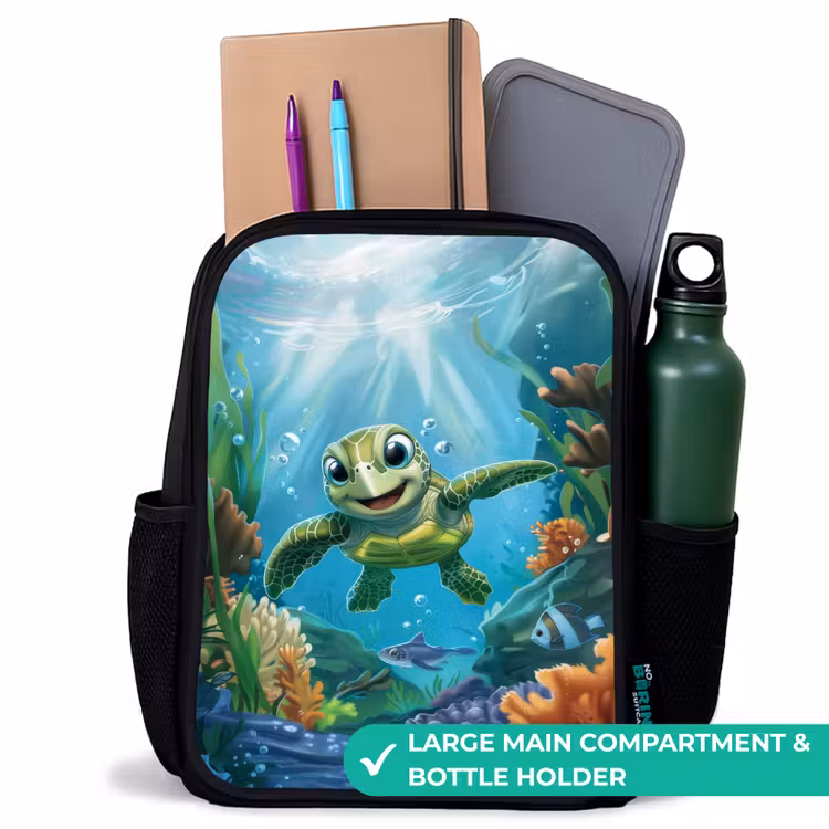 Kids backpack - Black - Green turtle swimming — 10