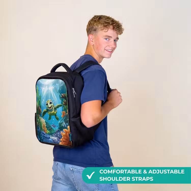 Kids backpack - Black - Green turtle swimming — 11
