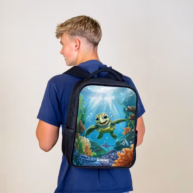 Kids backpack - Black - Green turtle swimming — 5