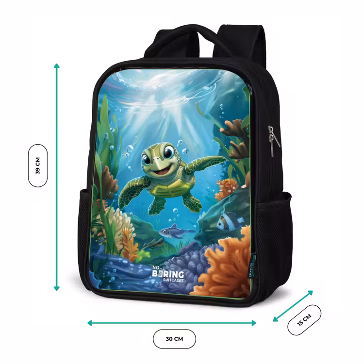 Kids backpack - Black - Green turtle swimming — 8