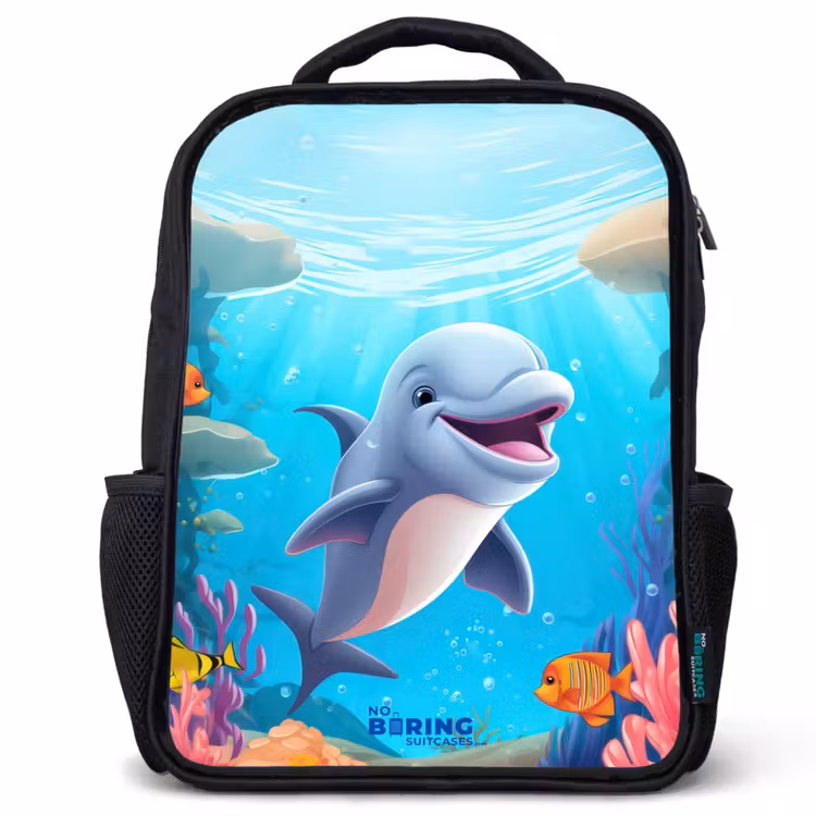 Kids backpack - Black - Dolphin with tropical fish and coral — 1