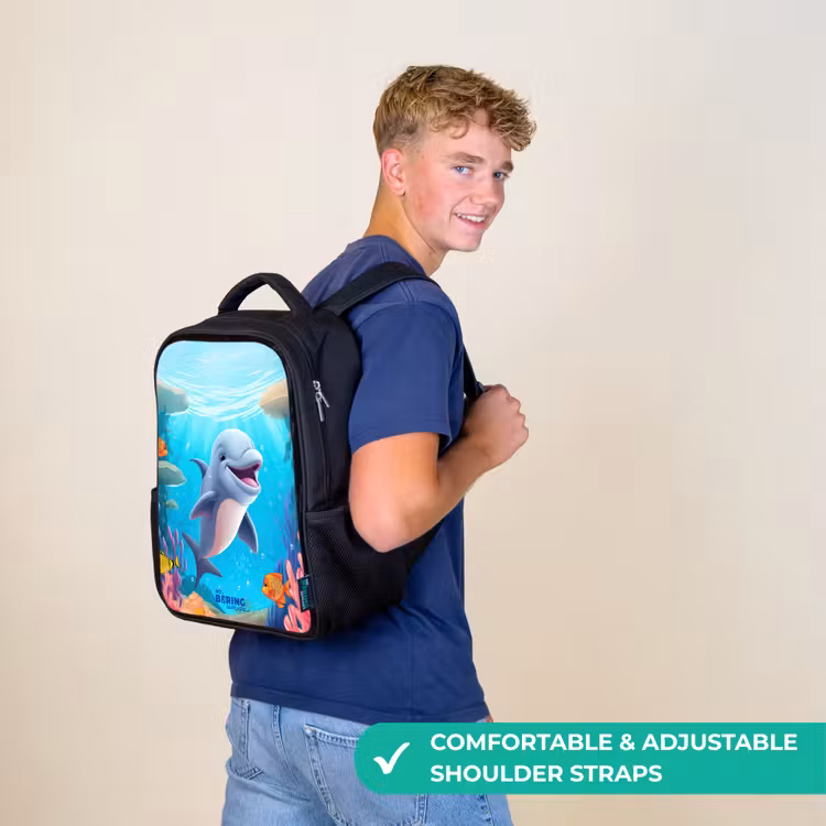 Kids backpack - Black - Dolphin with tropical fish and coral — 11