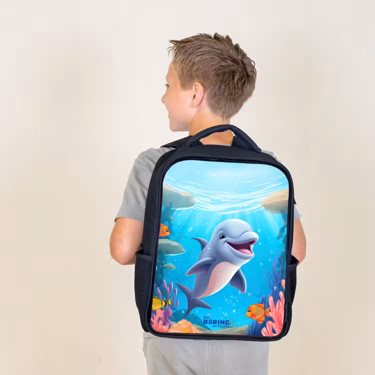 Kids backpack - Black - Dolphin with tropical fish and coral — 2