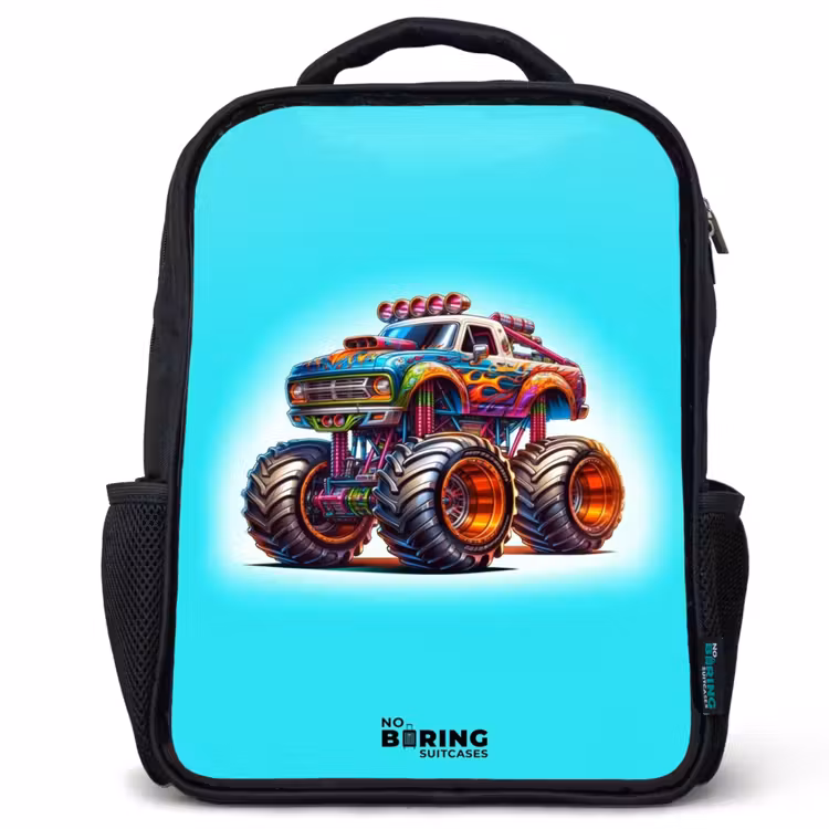 Kids backpack - Black - Monster Truck on Light Blue Background — 1