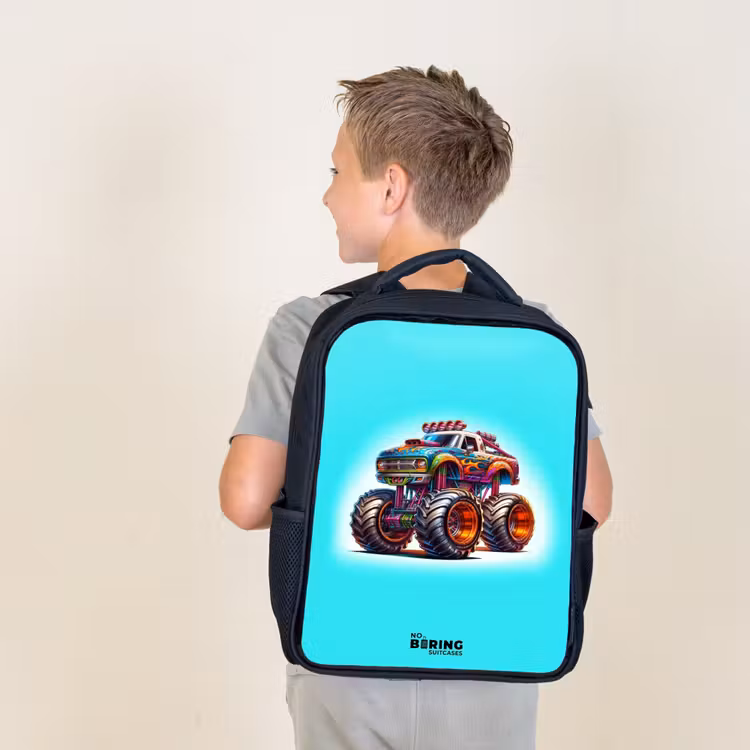 Kids backpack - Black - Monster Truck on Light Blue Background — 2