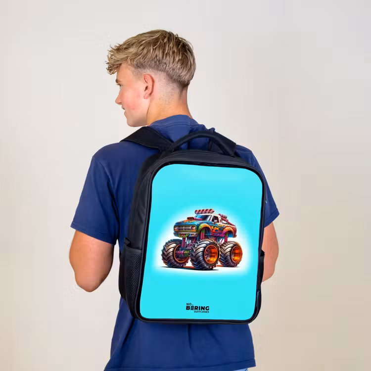 Kids backpack - Black - Monster Truck on Light Blue Background — 5