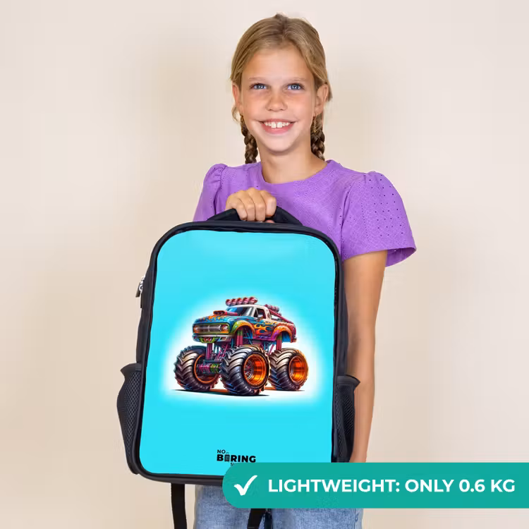 Kids backpack - Black - Monster Truck on Light Blue Background — 9