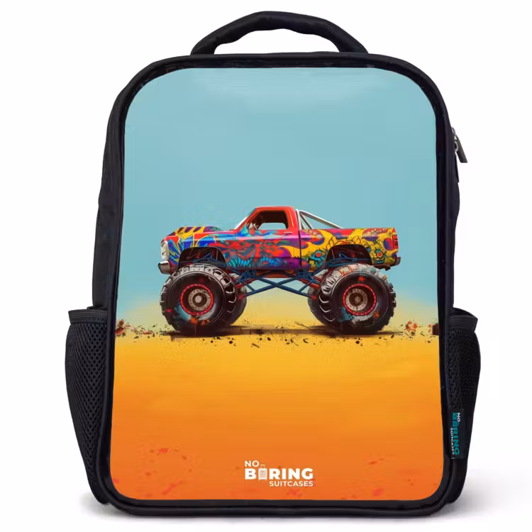 Kids backpack - Black - Monster Truck with Graffiti Print in the Sand — 1