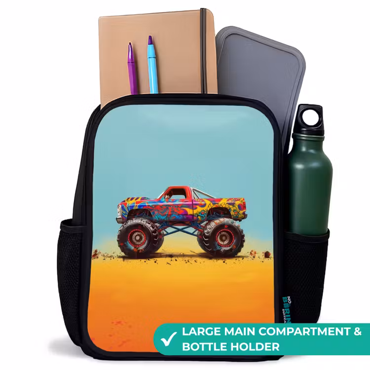 Kids backpack - Black - Monster Truck with Graffiti Print in the Sand — 10