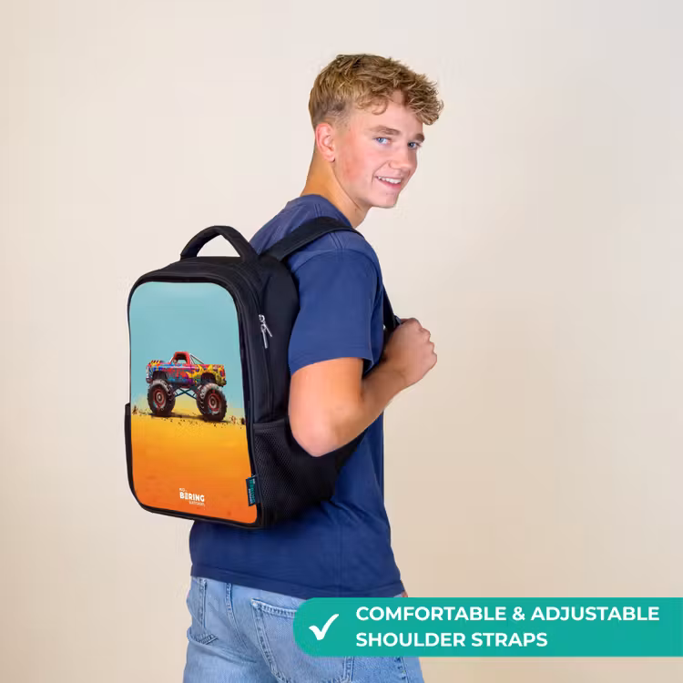 Kids backpack - Black - Monster Truck with Graffiti Print in the Sand — 11