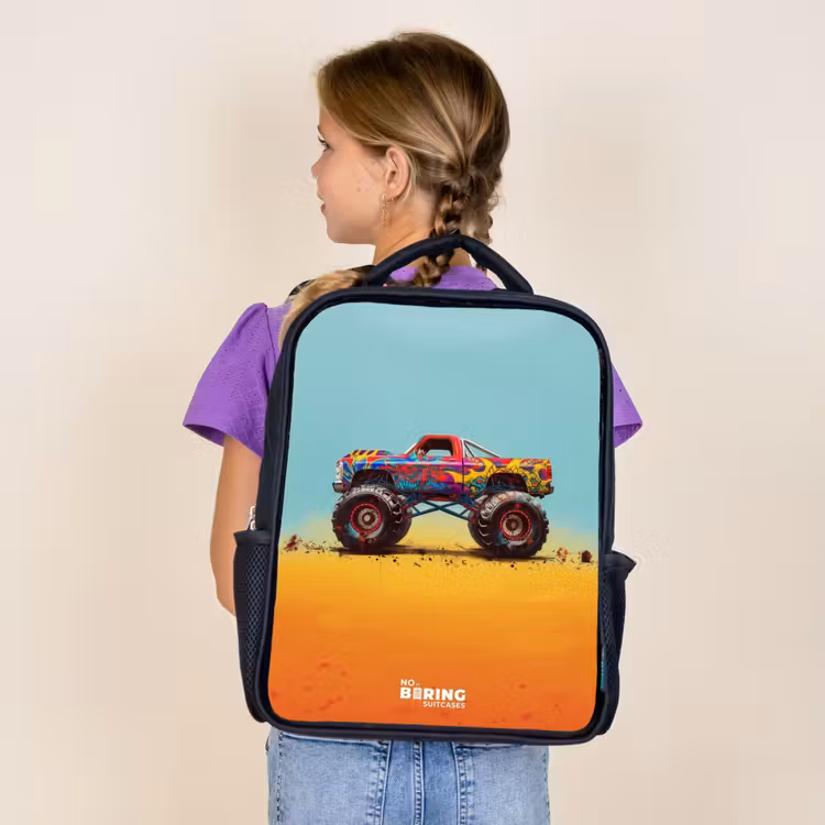 Kids backpack - Black - Monster Truck with Graffiti Print in the Sand — 4