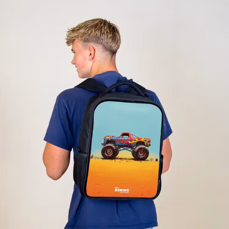Kids backpack - Black - Monster Truck with Graffiti Print in the Sand — 5