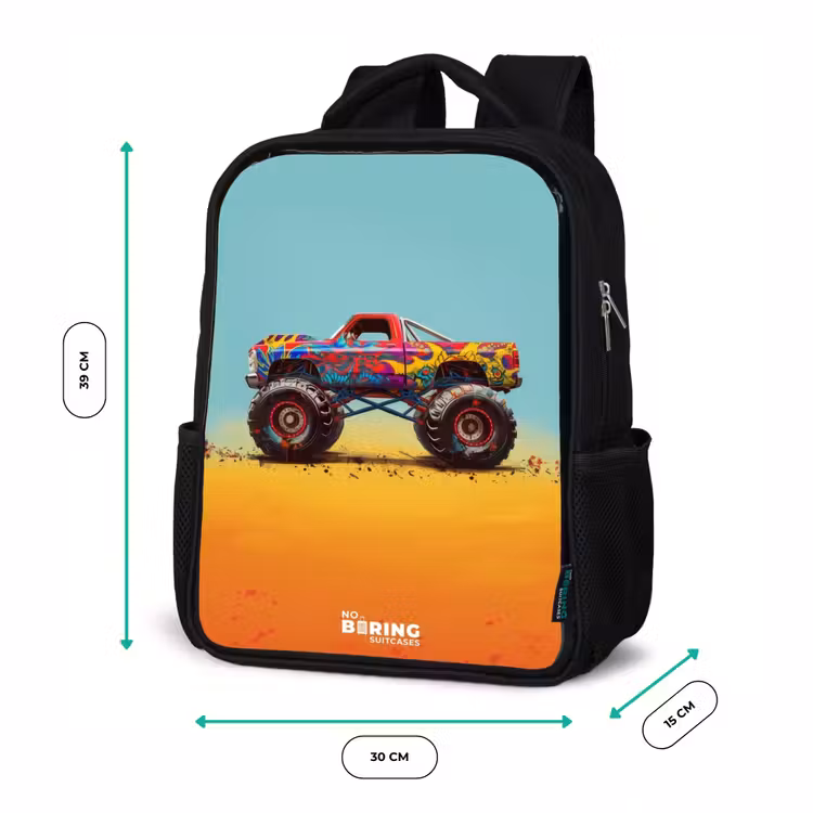 Kids backpack - Black - Monster Truck with Graffiti Print in the Sand — 8