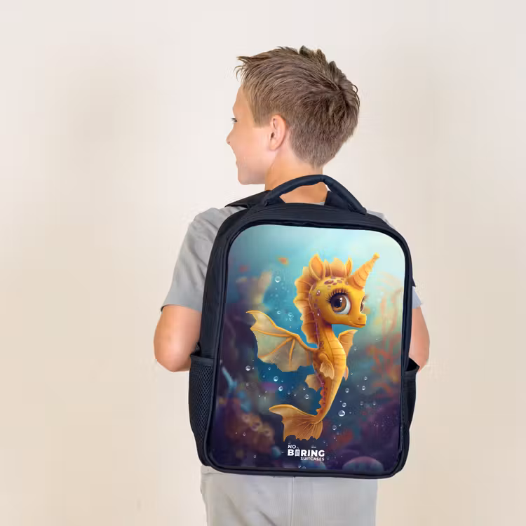 Kids backpack - Black - Orange seahorse in the water — 2