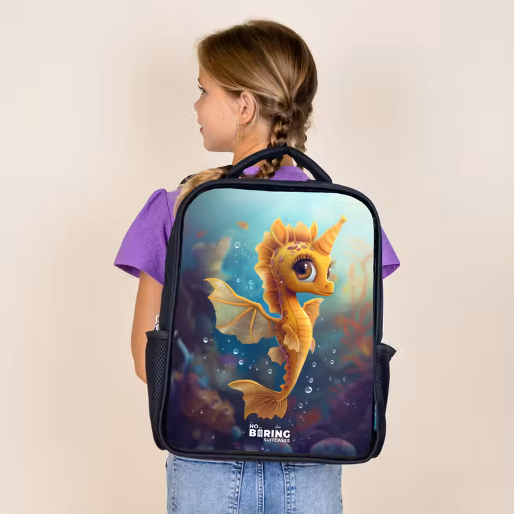 Kids backpack - Black - Orange seahorse in the water — 4