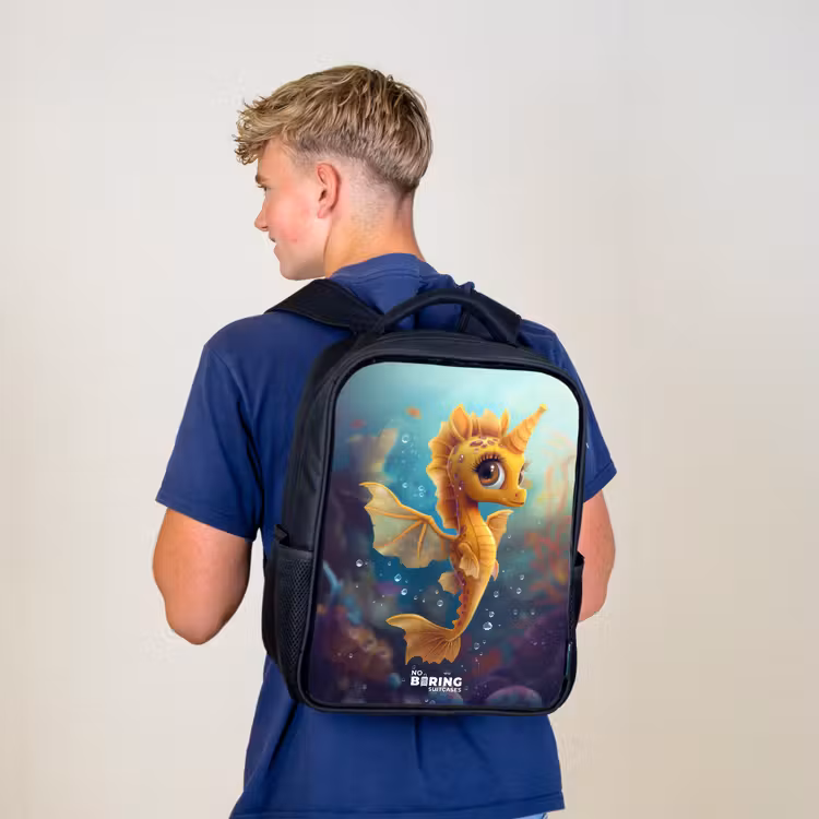Kids backpack - Black - Orange seahorse in the water — 5