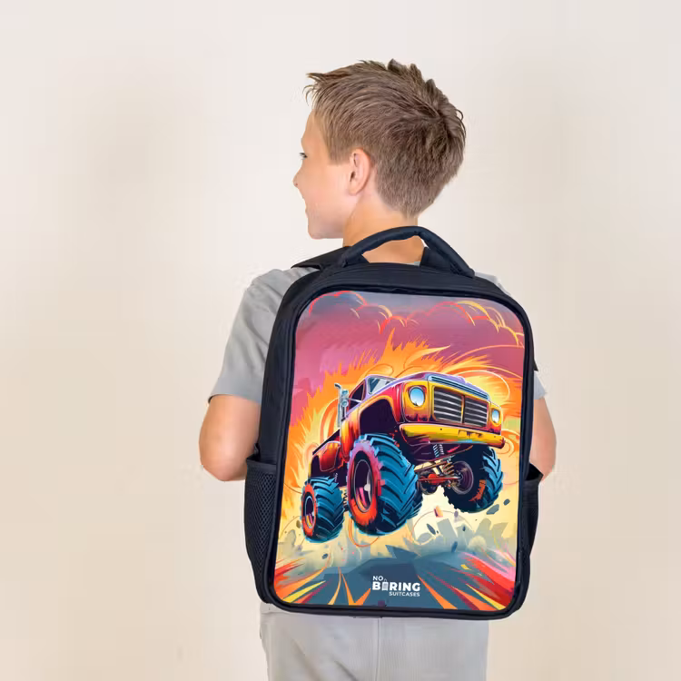 Kids backpack - Black - Pink Monster Truck Flies Over the Tarmac — 2