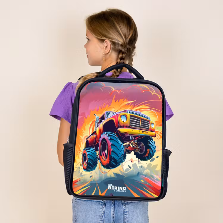 Kids backpack - Black - Pink Monster Truck Flies Over the Tarmac — 4