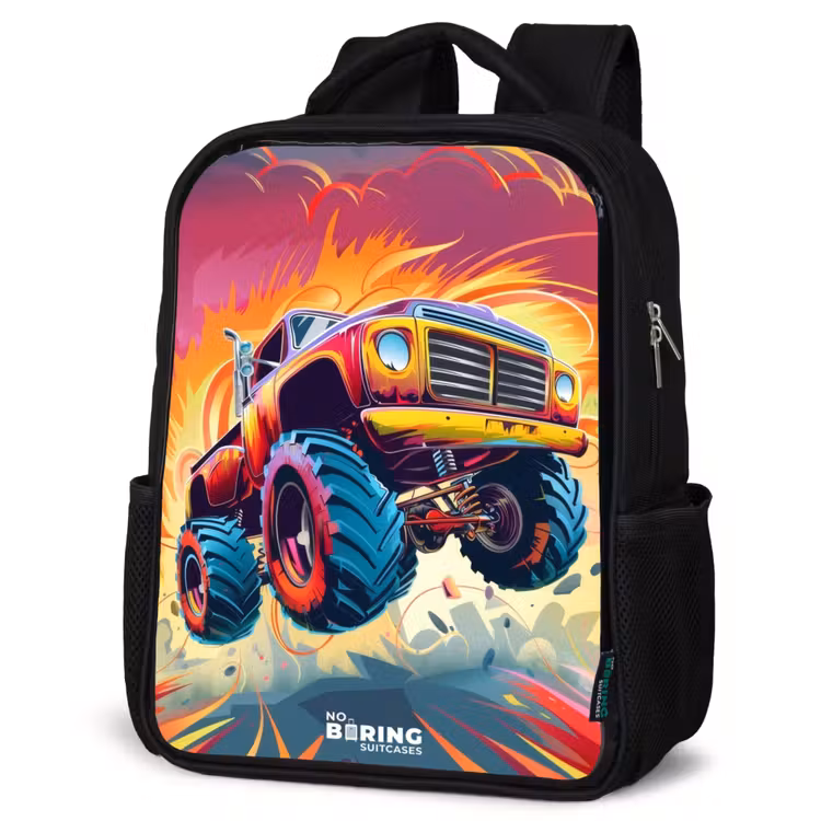 Kids backpack - Black - Pink Monster Truck Flies Over the Tarmac — 6