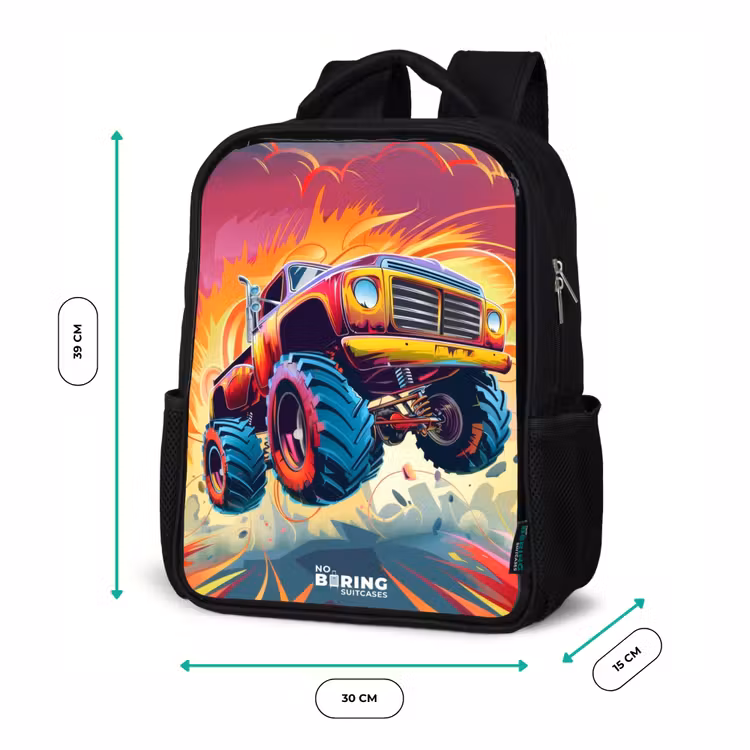 Kids backpack - Black - Pink Monster Truck Flies Over the Tarmac — 8