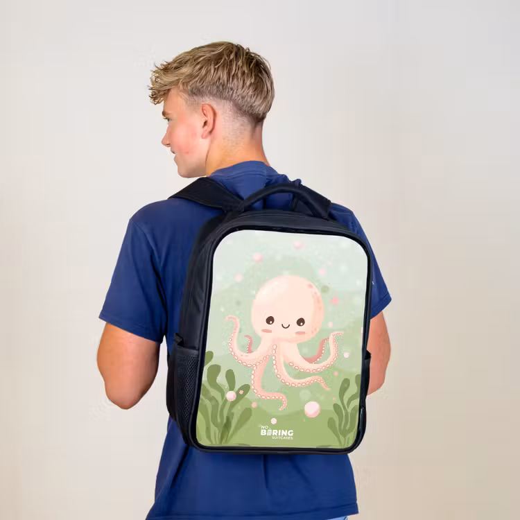 Kids backpack - Black - Pink octopus with a smile — 5