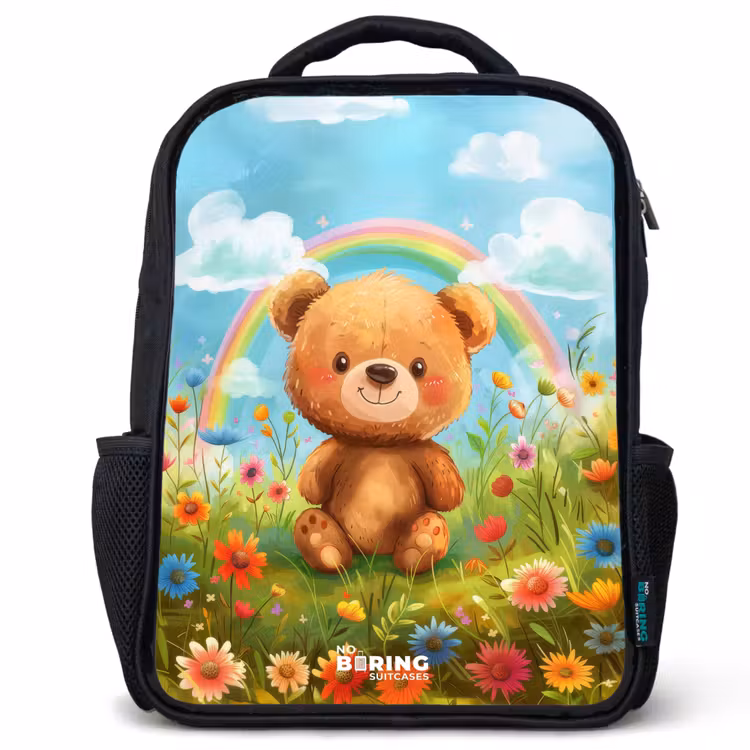 Kids backpack - Black - Teddy bear among flowers — 1