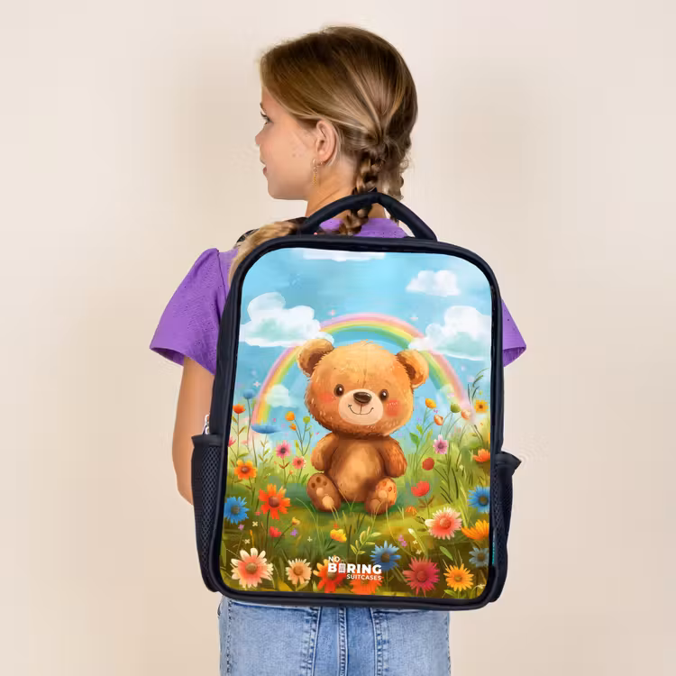 Kids backpack - Black - Teddy bear among flowers — 4