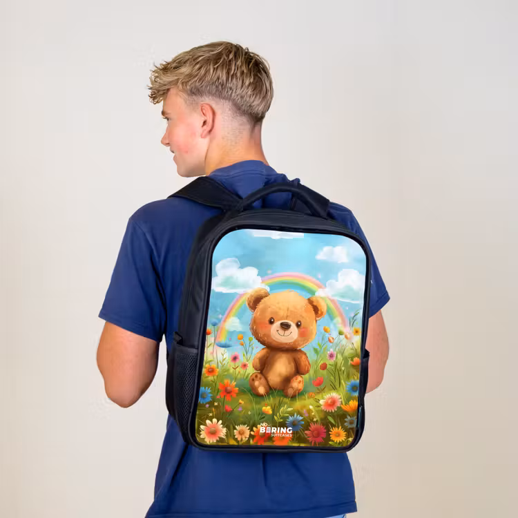Kids backpack - Black - Teddy bear among flowers — 5