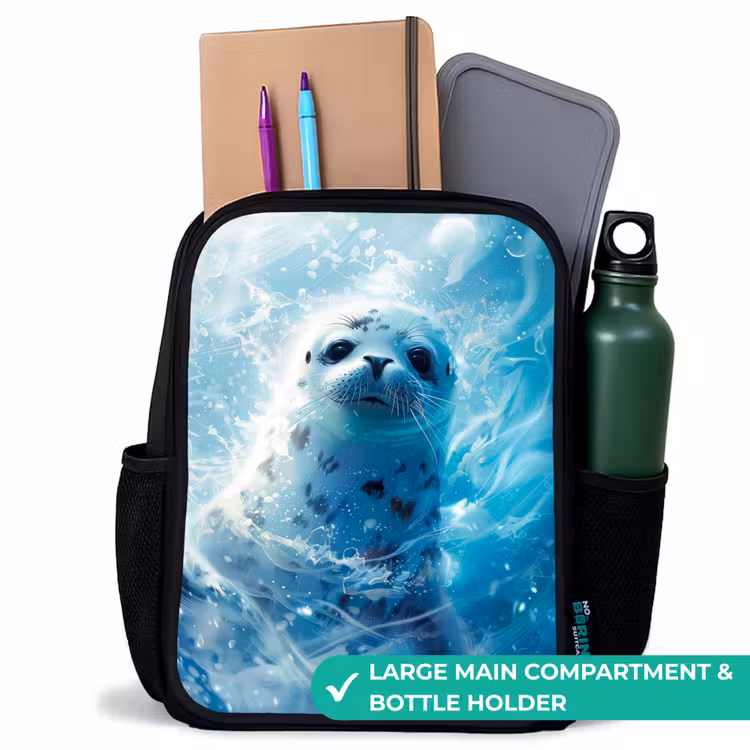 Kids backpack - Black - White seal in the water — 10