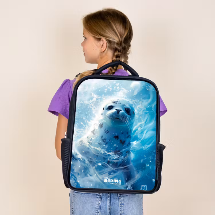 Kids backpack - Black - White seal in the water — 4