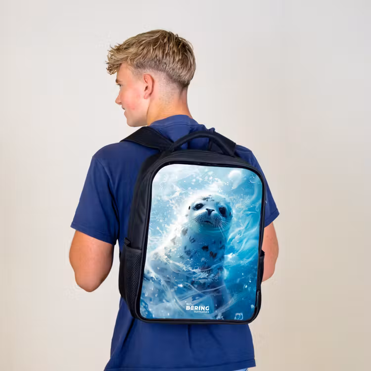 Kids backpack - Black - White seal in the water — 5
