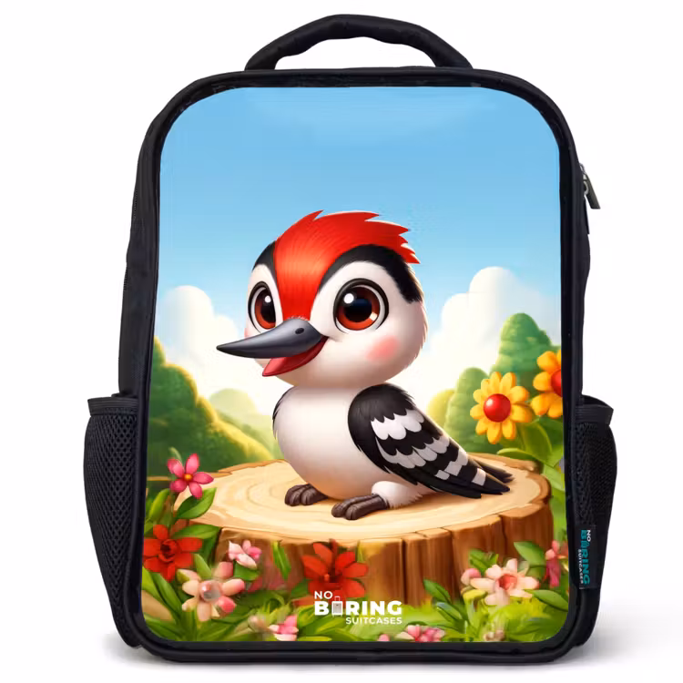 Kids backpack - Black - Woodpecker on and tree stump — 1