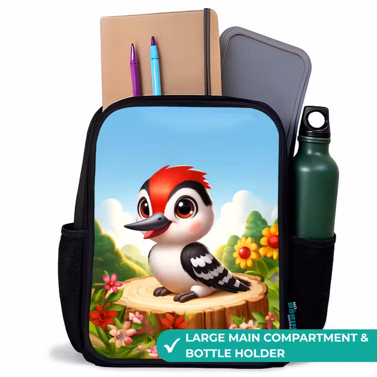 Kids backpack - Black - Woodpecker on and tree stump — 10