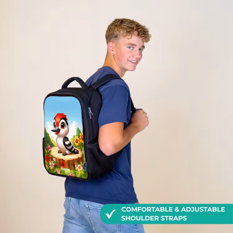 Kids backpack - Black - Woodpecker on and tree stump — 11