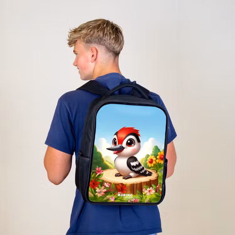 Kids backpack - Black - Woodpecker on and tree stump — 5