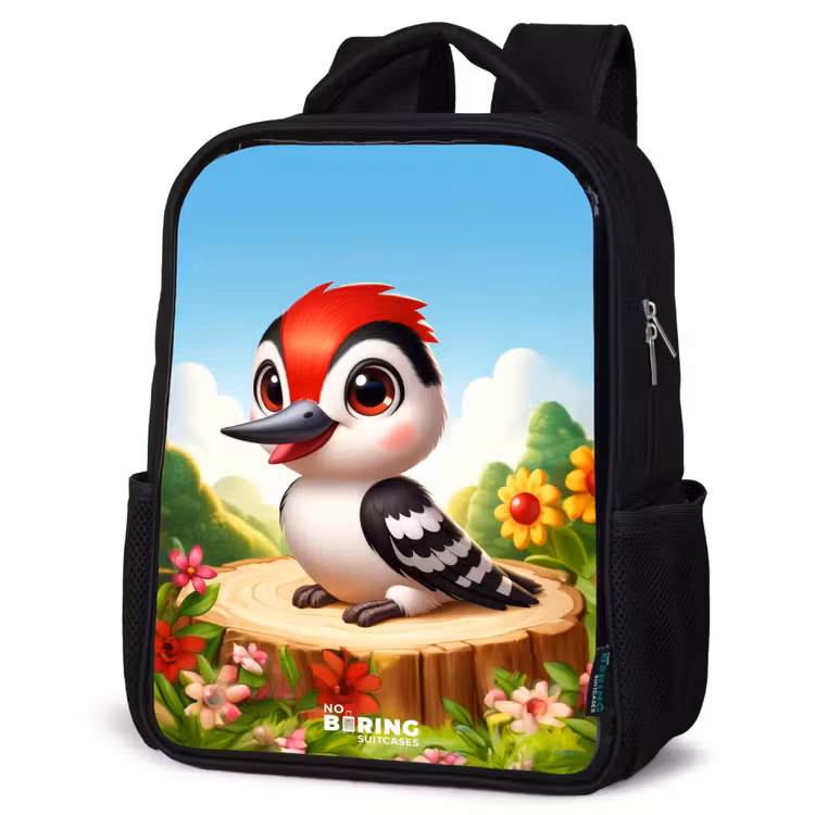 Kids backpack - Black - Woodpecker on and tree stump — 6