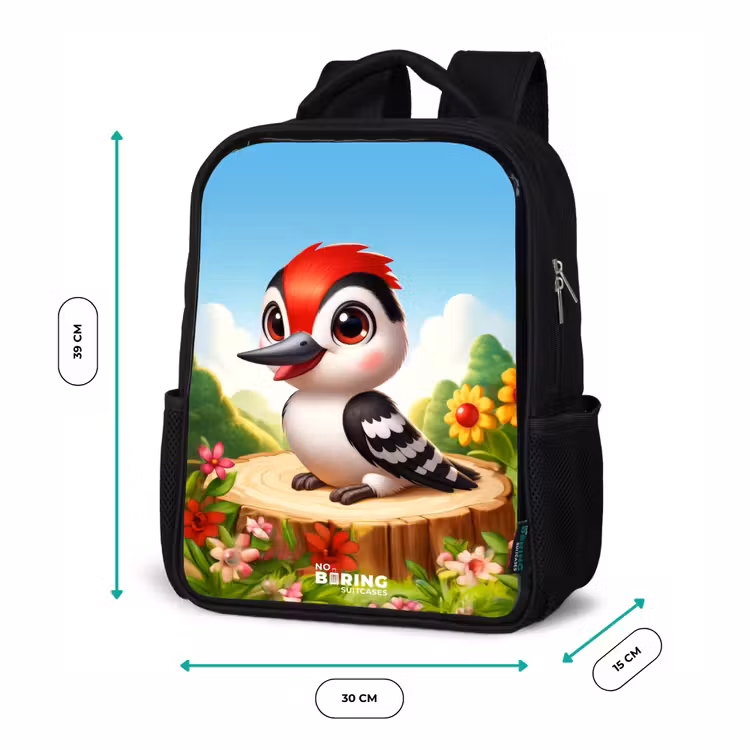 Kids backpack - Black - Woodpecker on and tree stump — 8