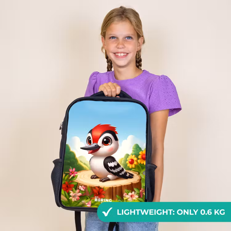 Kids backpack - Black - Woodpecker on and tree stump — 9