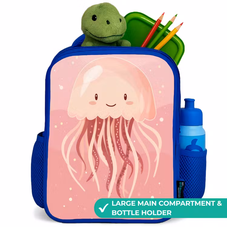 Kids backpack - Blue - Pink jellyfish with face — 5