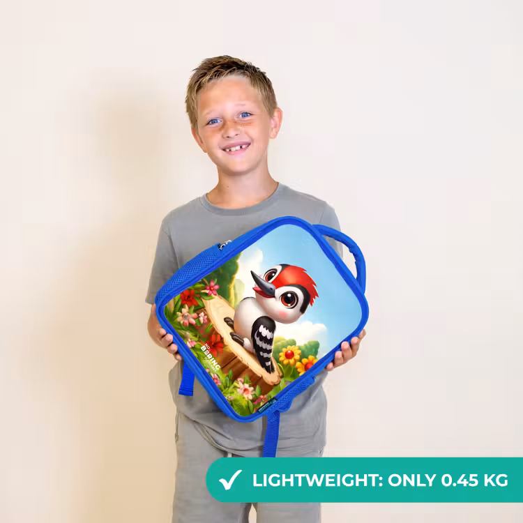 Kids backpack - Blue - Woodpecker on and tree stump — 3