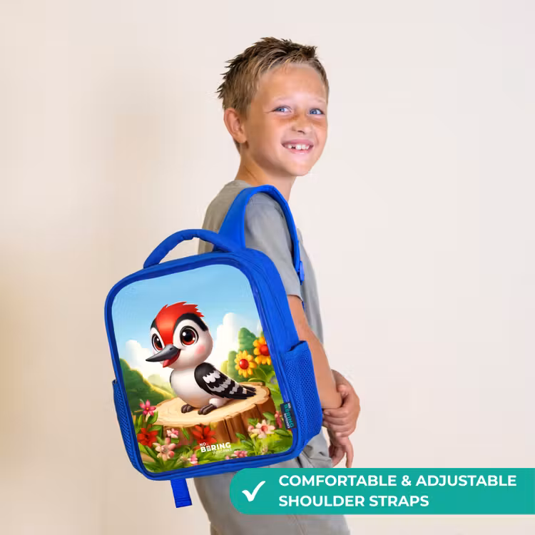 Kids backpack - Blue - Woodpecker on and tree stump — 4